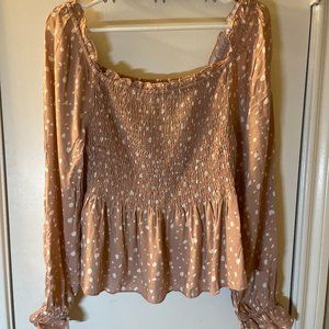 NEW Long Sleeve Ruched Dusty Rose Asymmetrical Polka Dot Shirt SZ Large